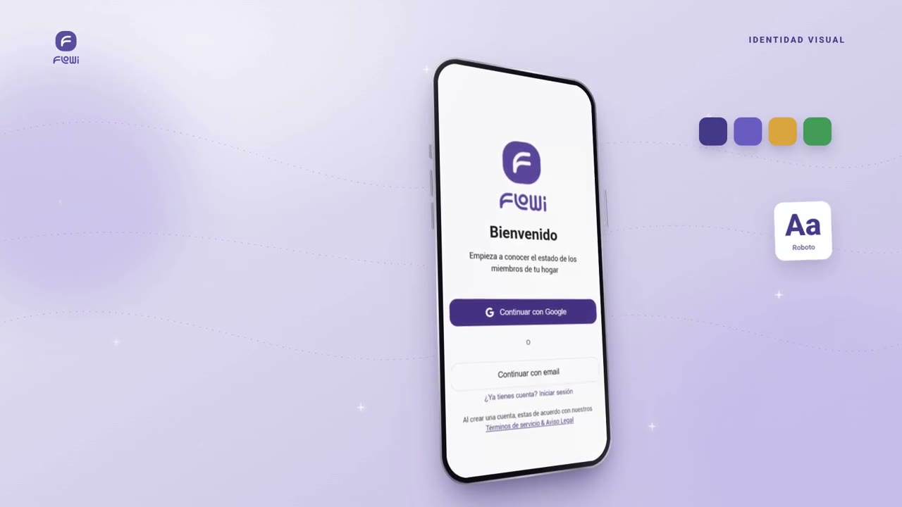Pantalla de la demo de Flowi: la app en un teléfono con su identidad visual